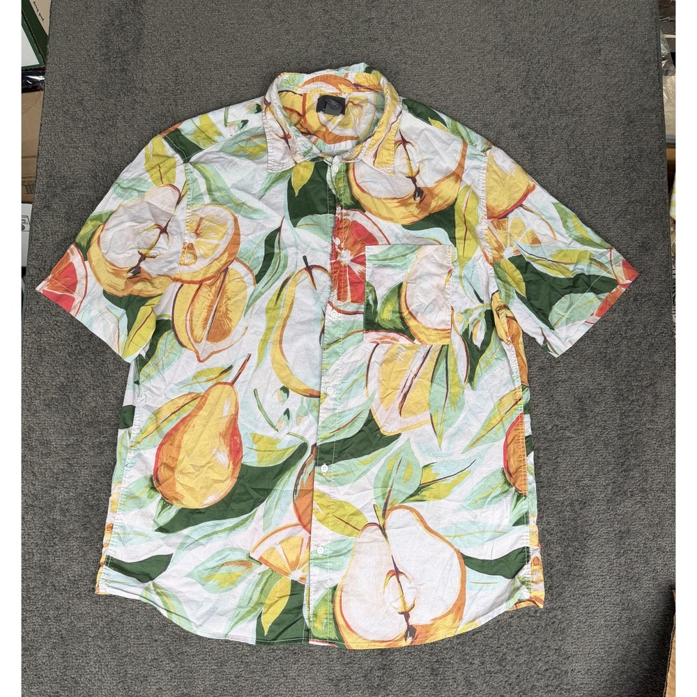 HM Mens Regular Fit Fruit Print Short Sleeve Button Down Shirt Cotton Large